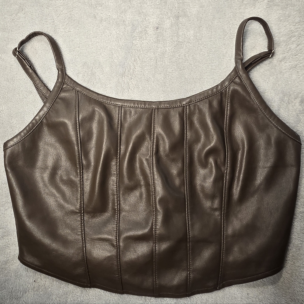 Kirious Brown Faux Leather Corset Coquette Baddie Strappy Top Women's Size L